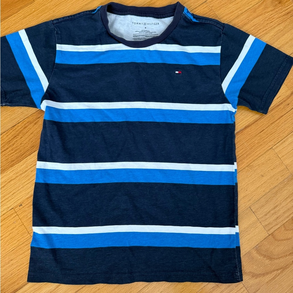 Tommy Hilfiger Kids Navy and Blue Striped Tee,boys 6